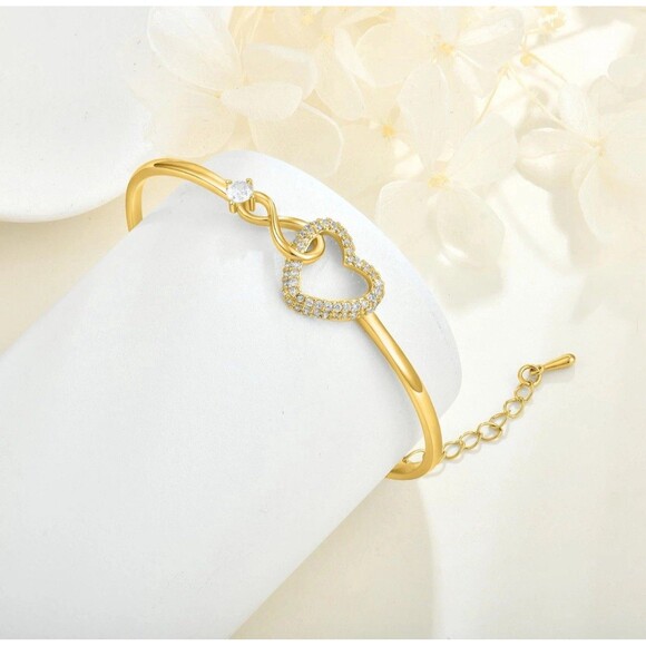 Infinity Heart Bracelet Cubic Zirconia Love Heart Link Adjustable Gold Plated - Picture 2 of 9
